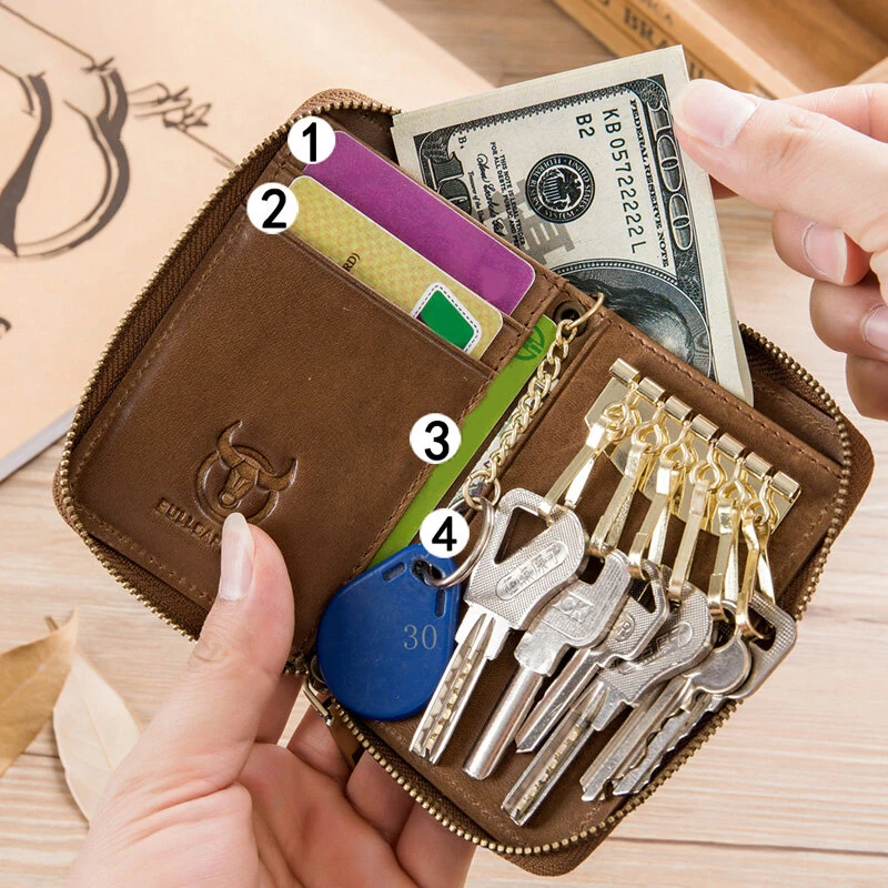 (image for) BULLCAPTAIN Genuine Leather Mens Waist-Mounted Wallet Card & Id Holders Multi-function Key Chain Holders Mini Key Bag Coin Purse Wallet Two-In-One with Gift Box