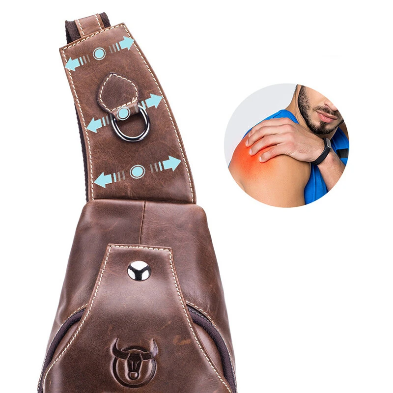 (image for) BULLCAPTAIN Men Genuine Leather Wear Resisting Textured Business Casual Brown Black Chest Bag Shoulder Crossbody Bag